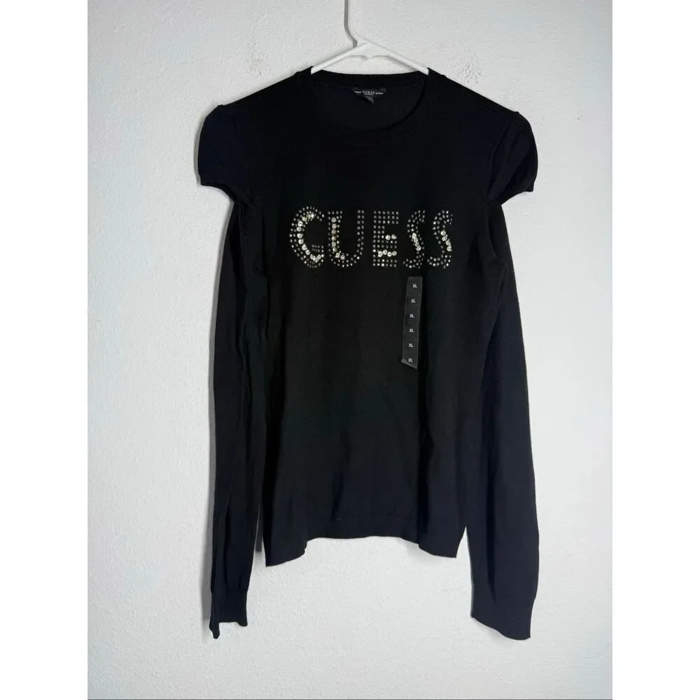 NWOT Guess Norah Logo Sweater Black Rhinestone Trim Cold-Shoulder Cutout Sz XL